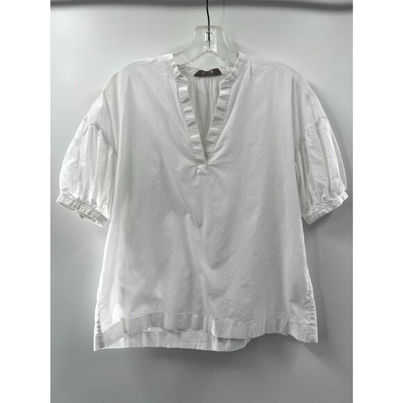 Everlane Women's White Cotton Solid Short Sleeve Cropped V-Neck Blouse Size 00 - Picture 1 of 8